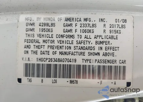 2008 Honda Accord 2.4 Lx из США, поврежденный, VIN 1HGCP26348A070419